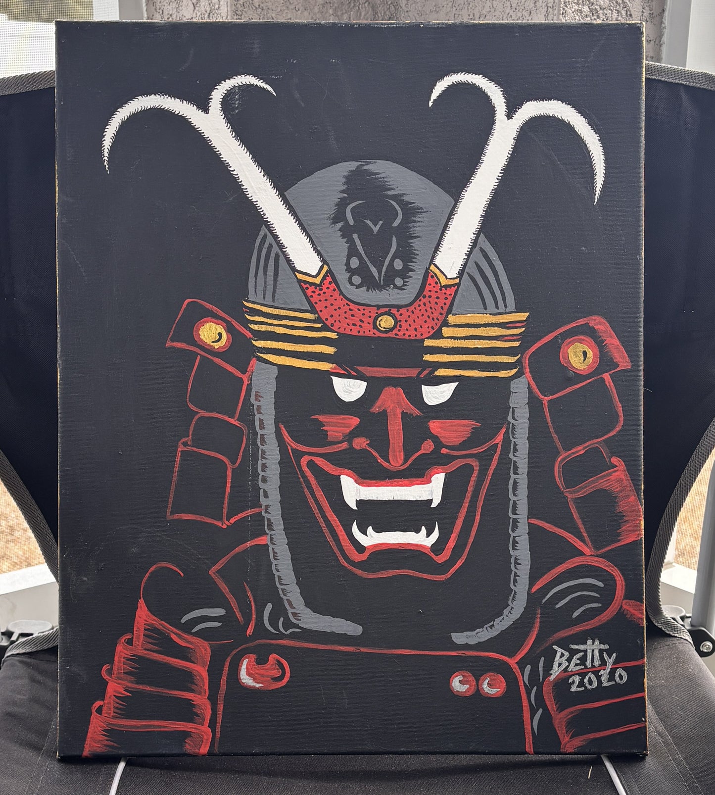Samurai Warrior's Helmet (kabuto) and Japanese Menyoroi (Protective Mask) 16"x20"