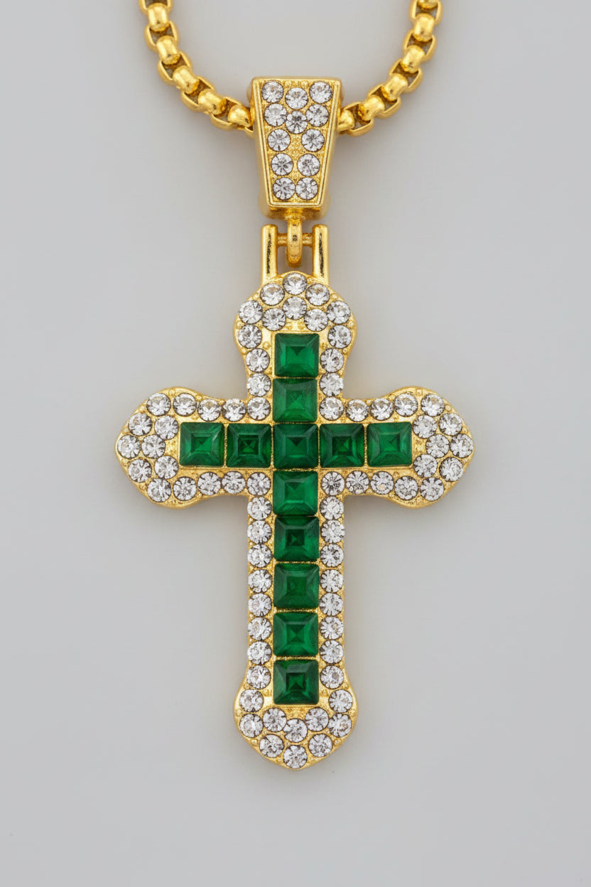 Necklace - Green Gemstone Cross - 24"