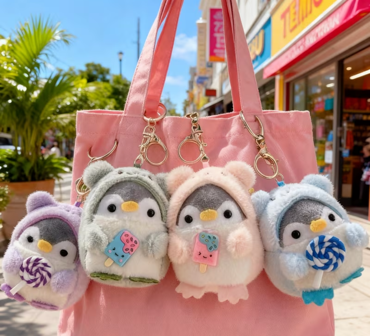 Keychain - Plush Bag Clip - Penguin in Bear Outfit holding a Treat