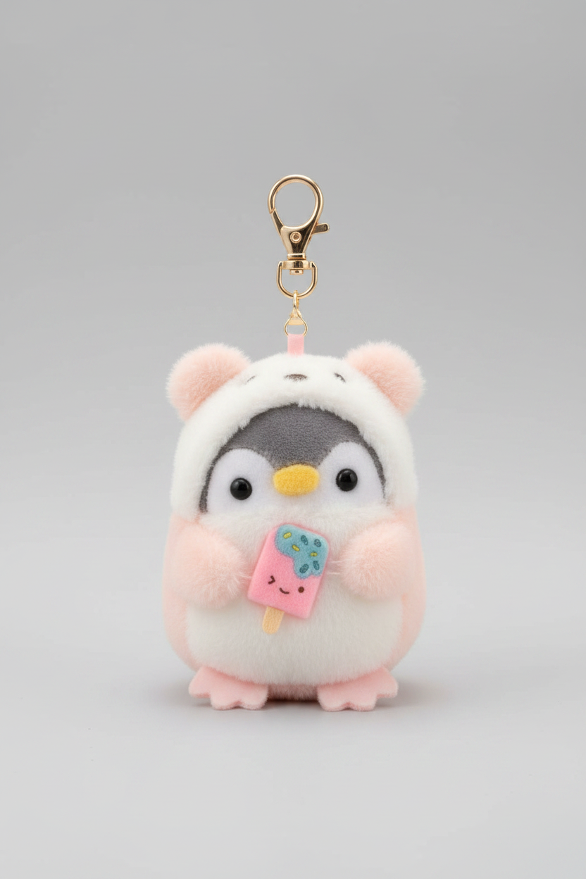 Keychain - Plush Bag Clip - Penguin in Bear Outfit holding a Treat