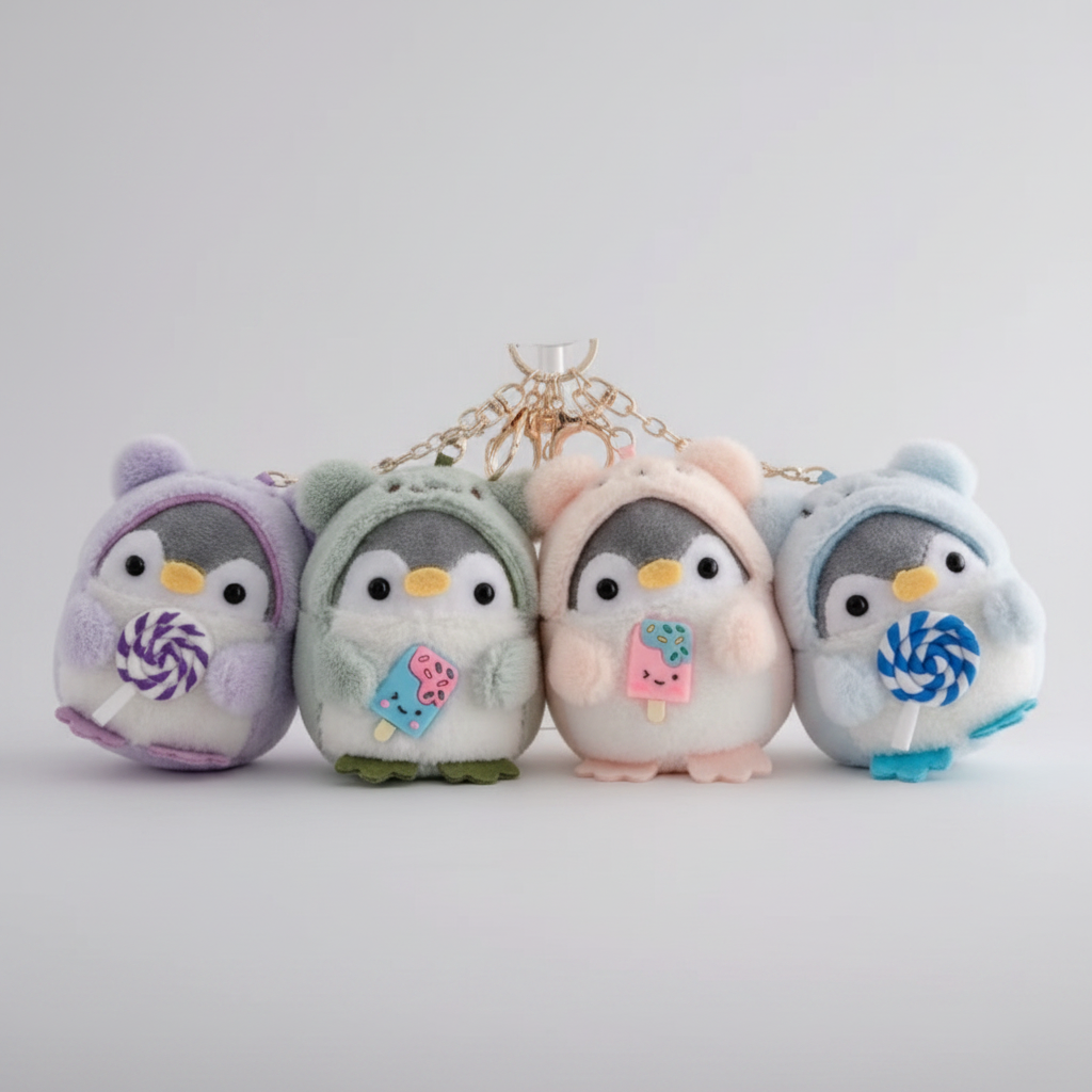 Keychain - Plush Bag Clip - Penguin in Bear Outfit holding a Treat