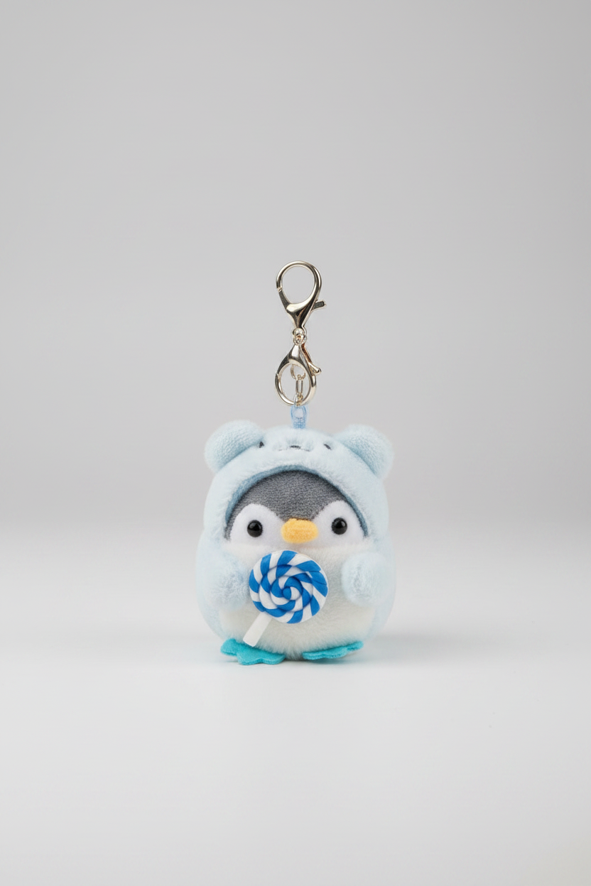 Keychain - Plush Bag Clip - Penguin in Bear Outfit holding a Treat