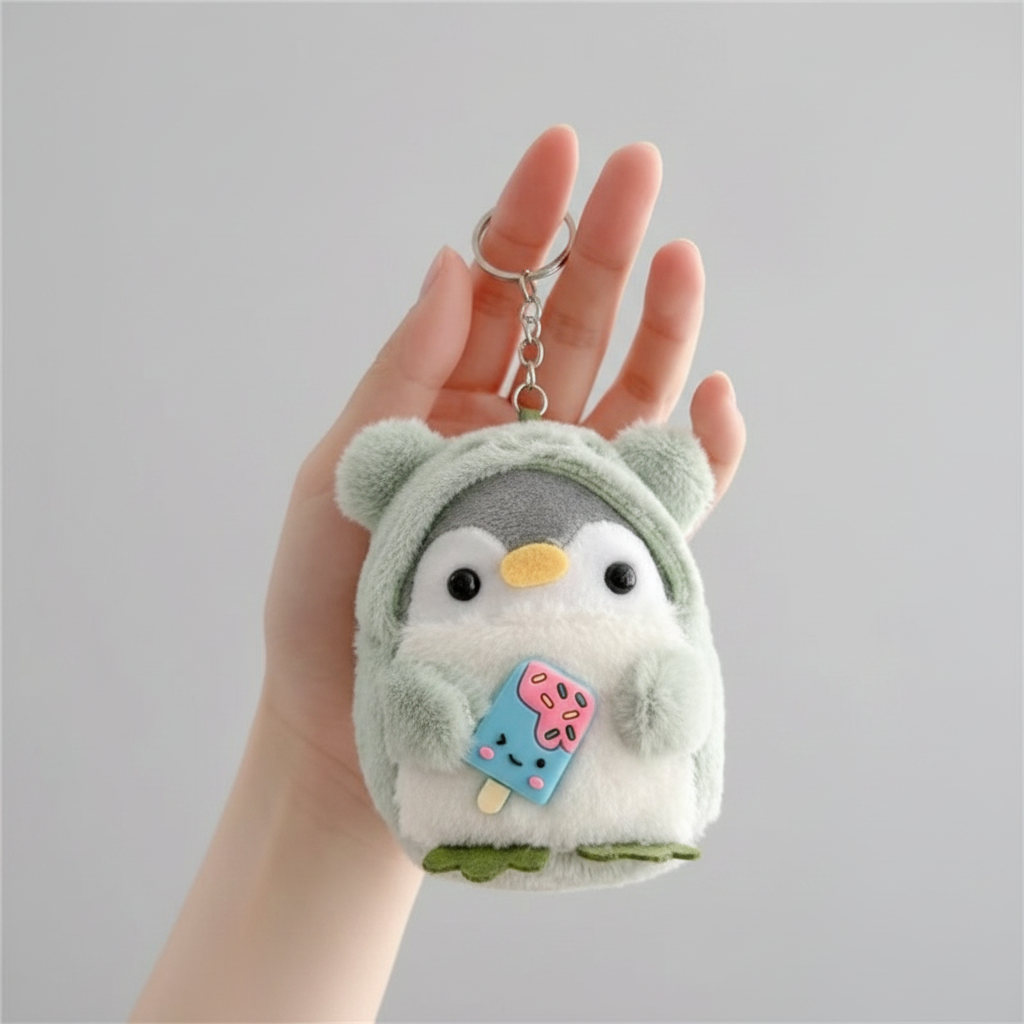 Keychain - Plush Bag Clip - Penguin in Bear Outfit holding a Treat