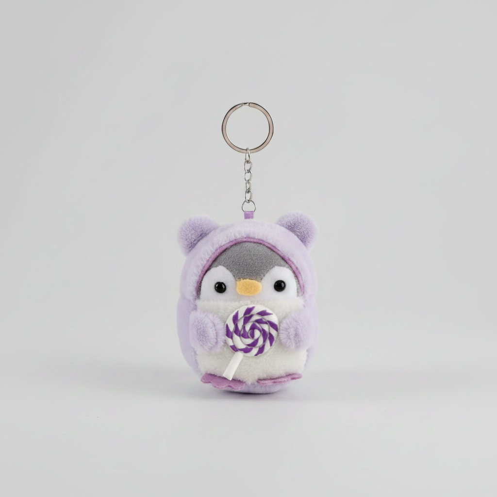 Keychain - Plush Bag Clip - Penguin in Bear Outfit holding a Treat
