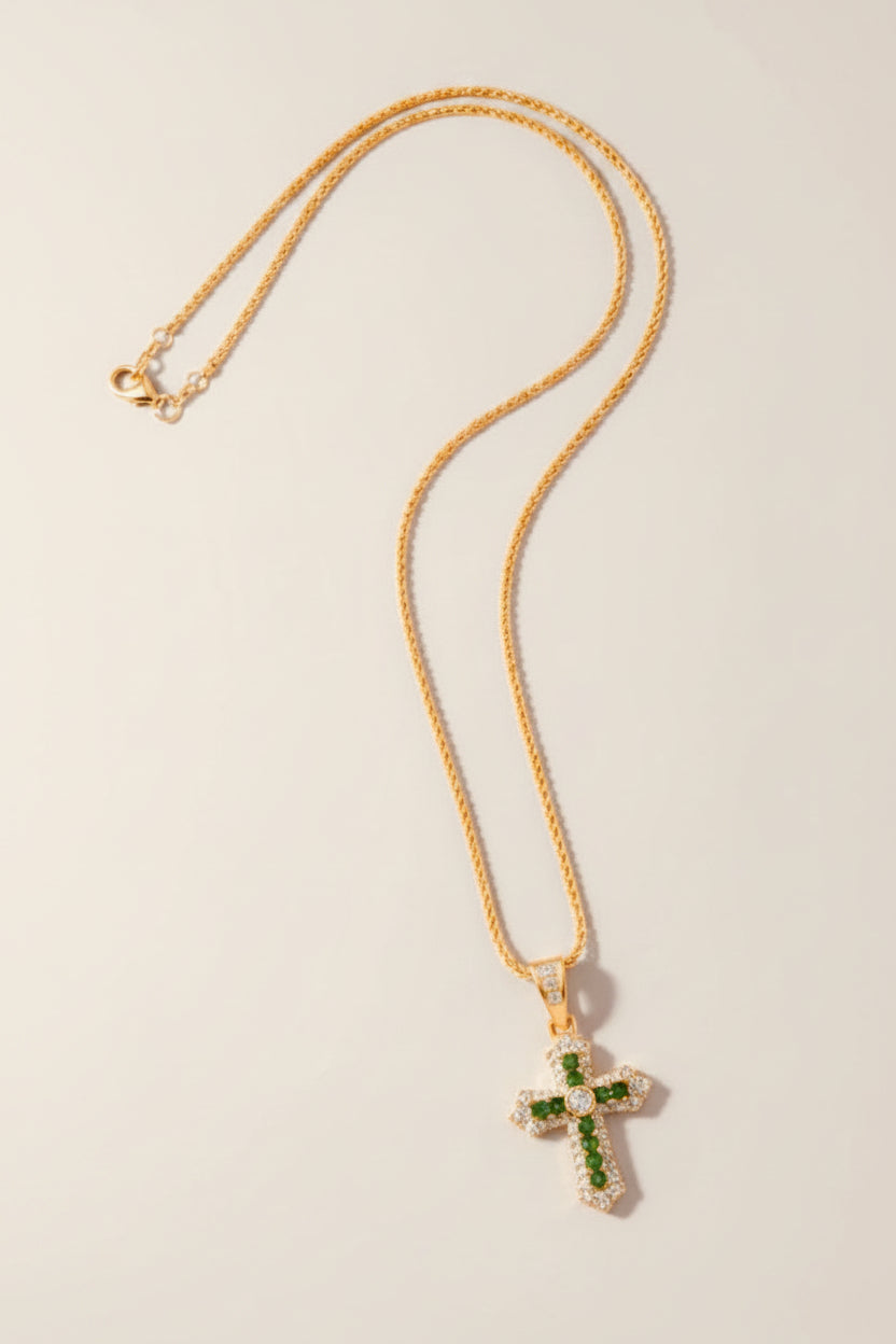 Necklace - Green Gemstone Cross - 24"