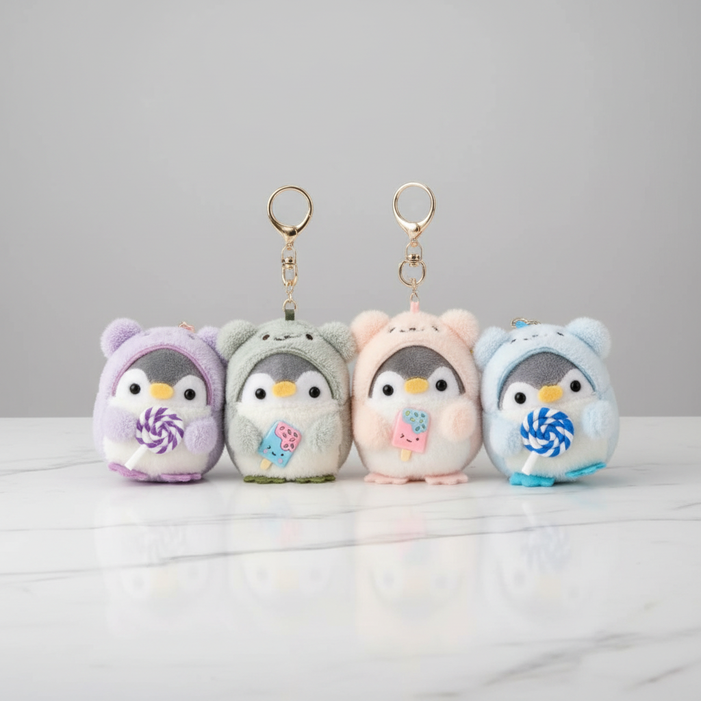 Keychain - Plush Bag Clip - Penguin in Bear Outfit holding a Treat