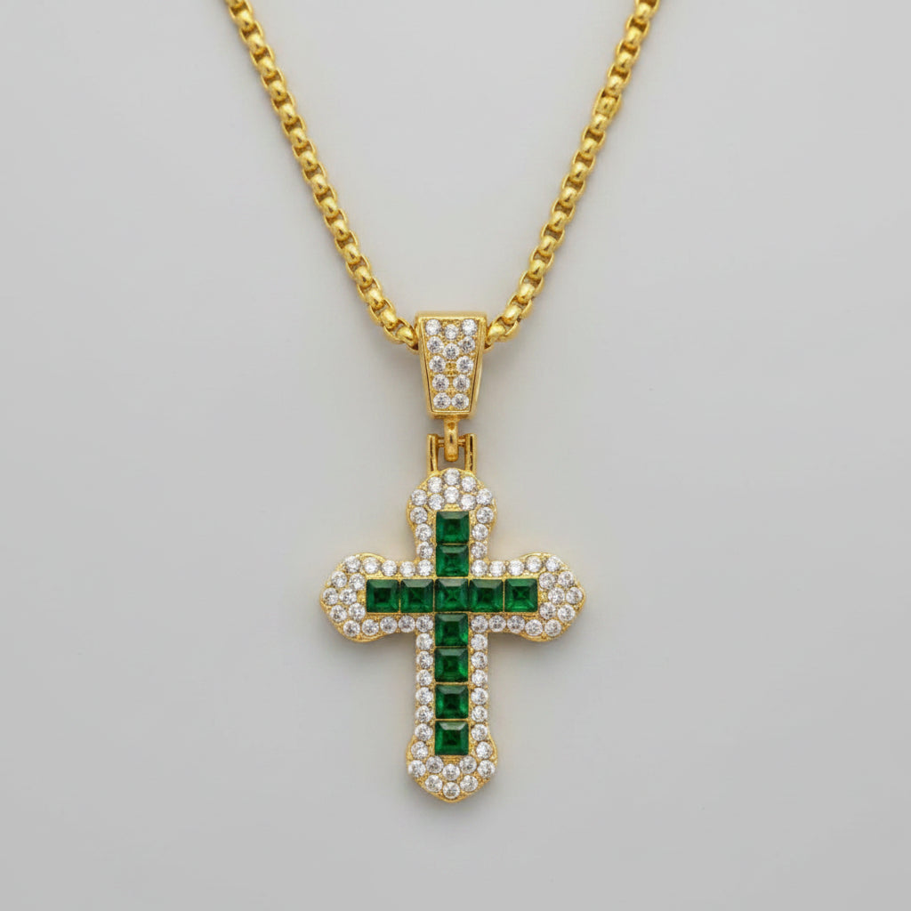 Necklace - Green Gemstone Cross - 24"