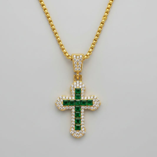 Necklace - Green Gemstone Cross - 24"