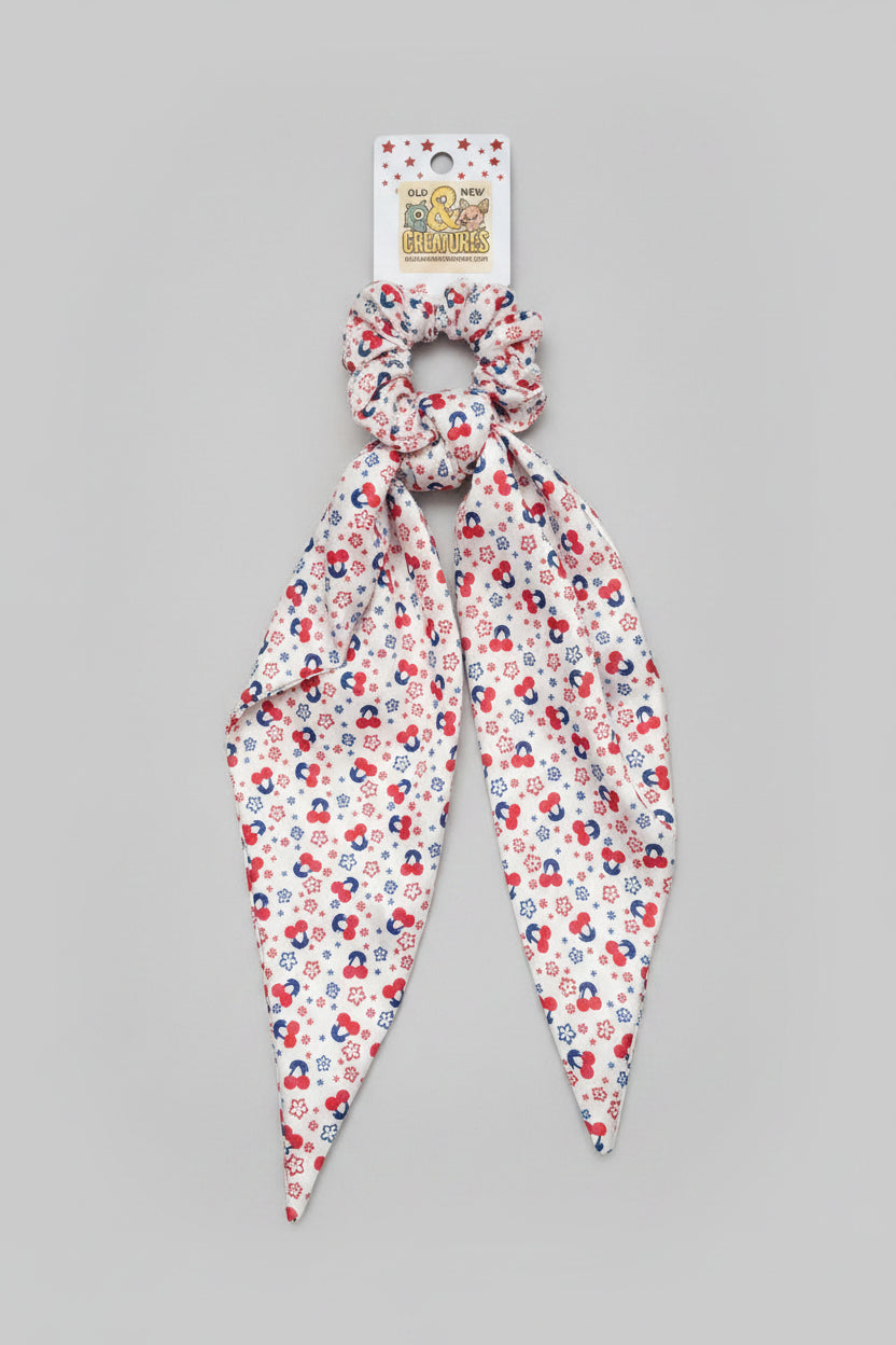 Hair Tie - Red Cherries - with White, & Blue Flowers - Scrunchie