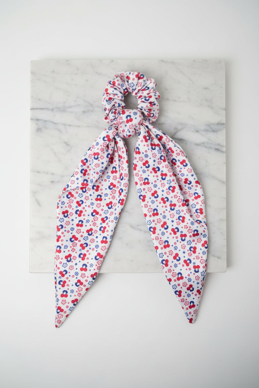 Hair Tie - Red Cherries - with White, & Blue Flowers - Scrunchie