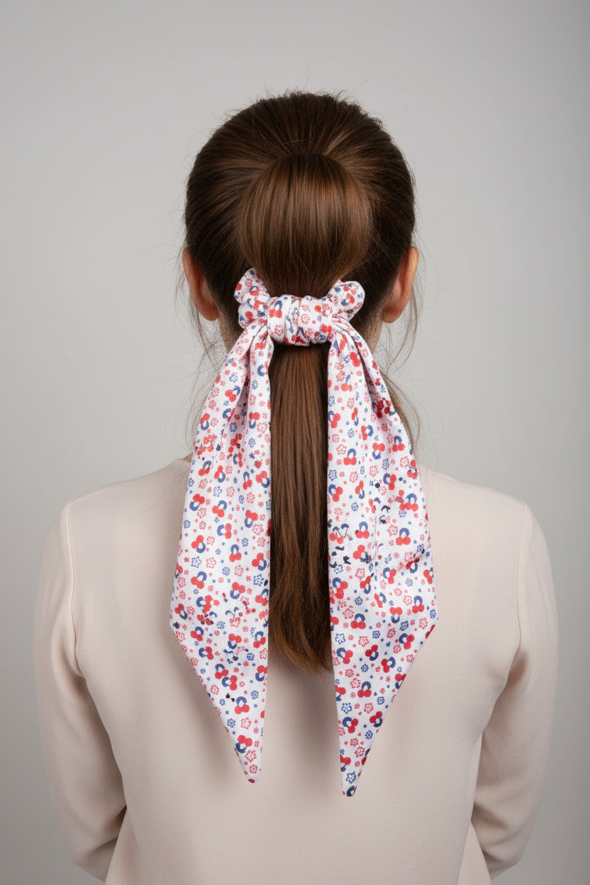 Hair Tie - Red Cherries - with White, & Blue Flowers - Scrunchie