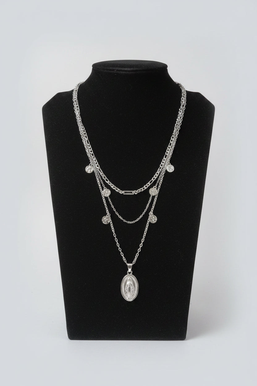 Necklace - Triple Layered - Virgin Mary Pendant and Chains