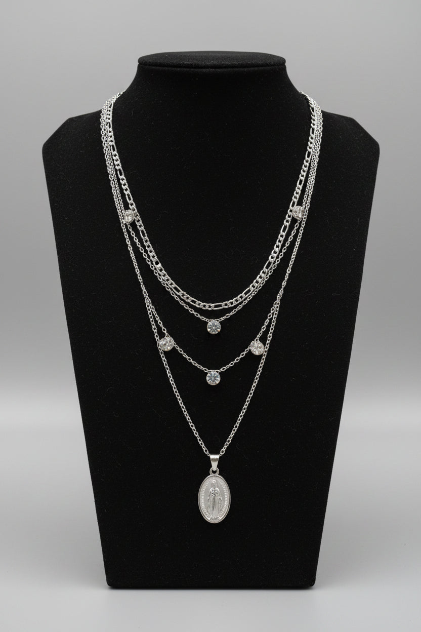 Necklace - Triple Layered - Virgin Mary Pendant and Chains
