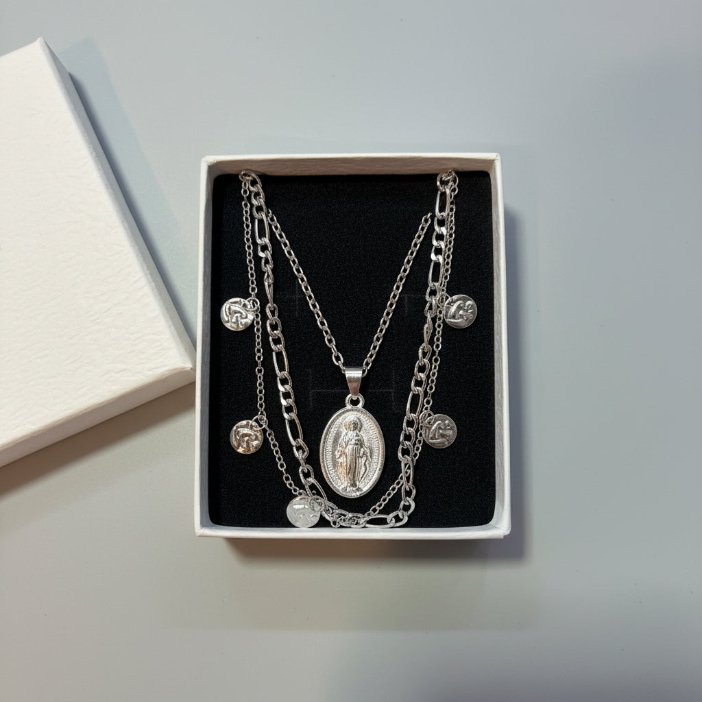 Necklace - Triple Layered - Virgin Mary Pendant and Chains