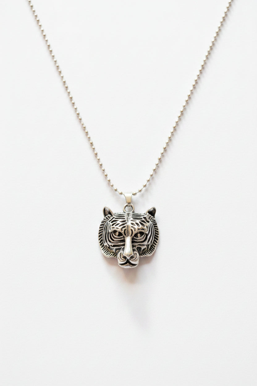 Necklace - Silver Tone - Tiger's Head - on Ball Chain