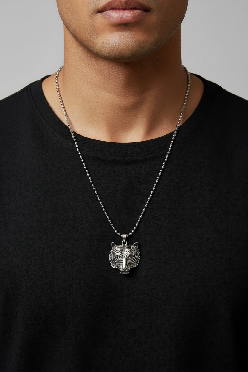 Necklace - Silver Tone - Tiger's Head - on Ball Chain