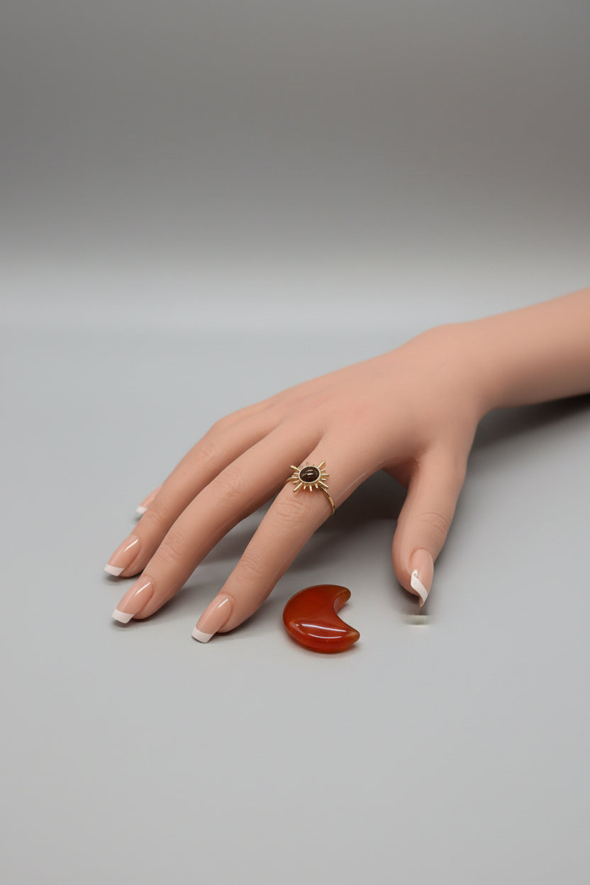 Ring - Chatoyant Sunburst - with Carnelian Crescent Moon Crystal Combo