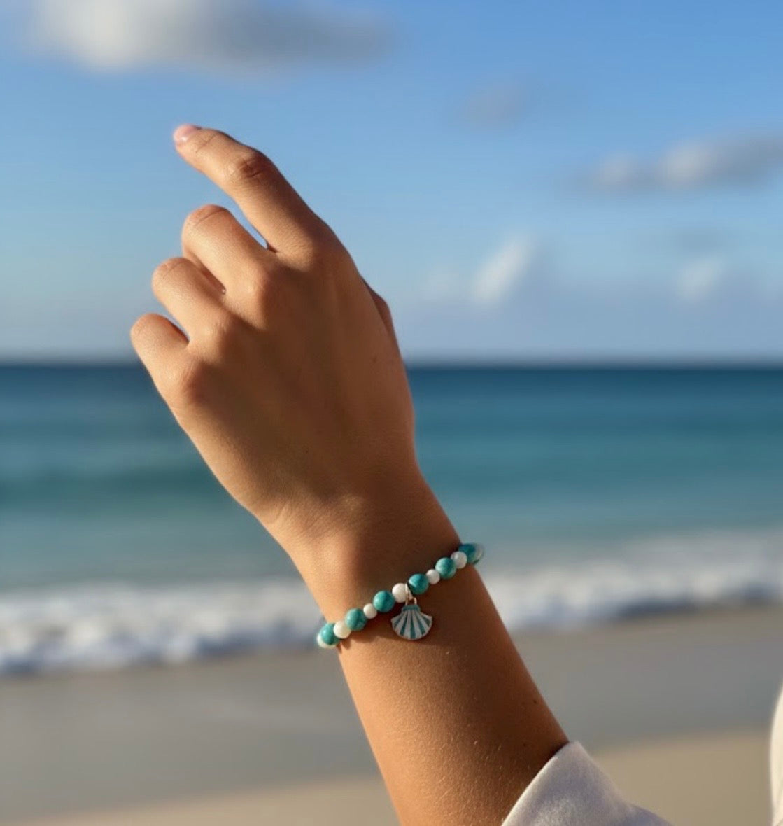 Handmade - Ocean Breeze Turquoise and White Stretch Beaded Bracelet