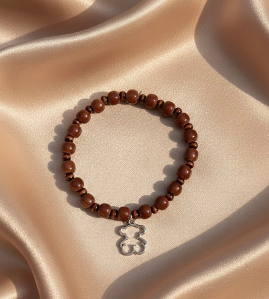 Handmade - Brown Stretch Glass Beaded Bracelet with Silver Tone Bear Charm