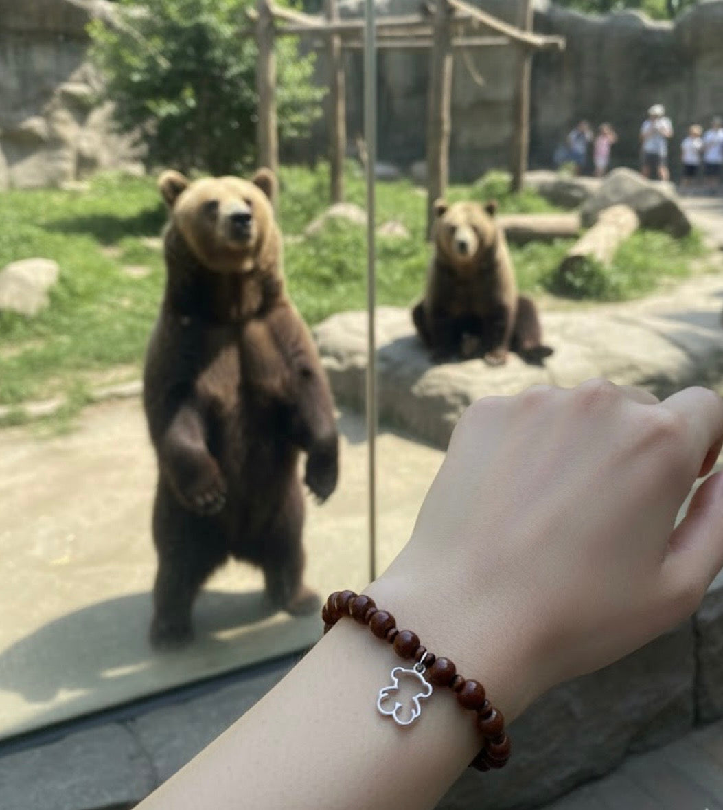 Handmade - Brown Stretch Glass Beaded Bracelet with Silver Tone Bear Charm