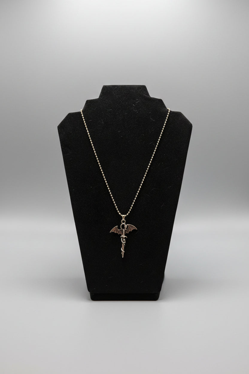 Necklace - Silver Tone - Dragon wrapped around Sword - on a Ball Chain