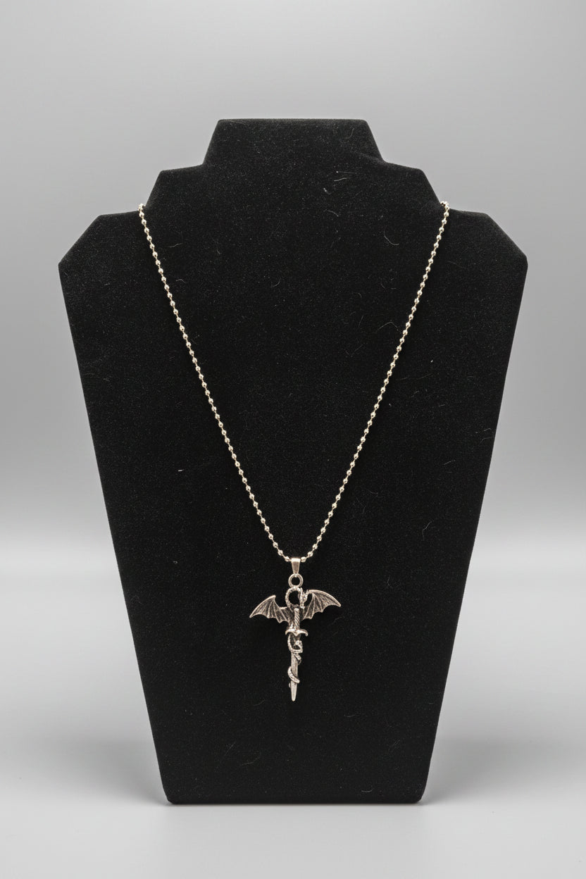 Necklace - Silver Tone - Dragon wrapped around Sword - on a Ball Chain