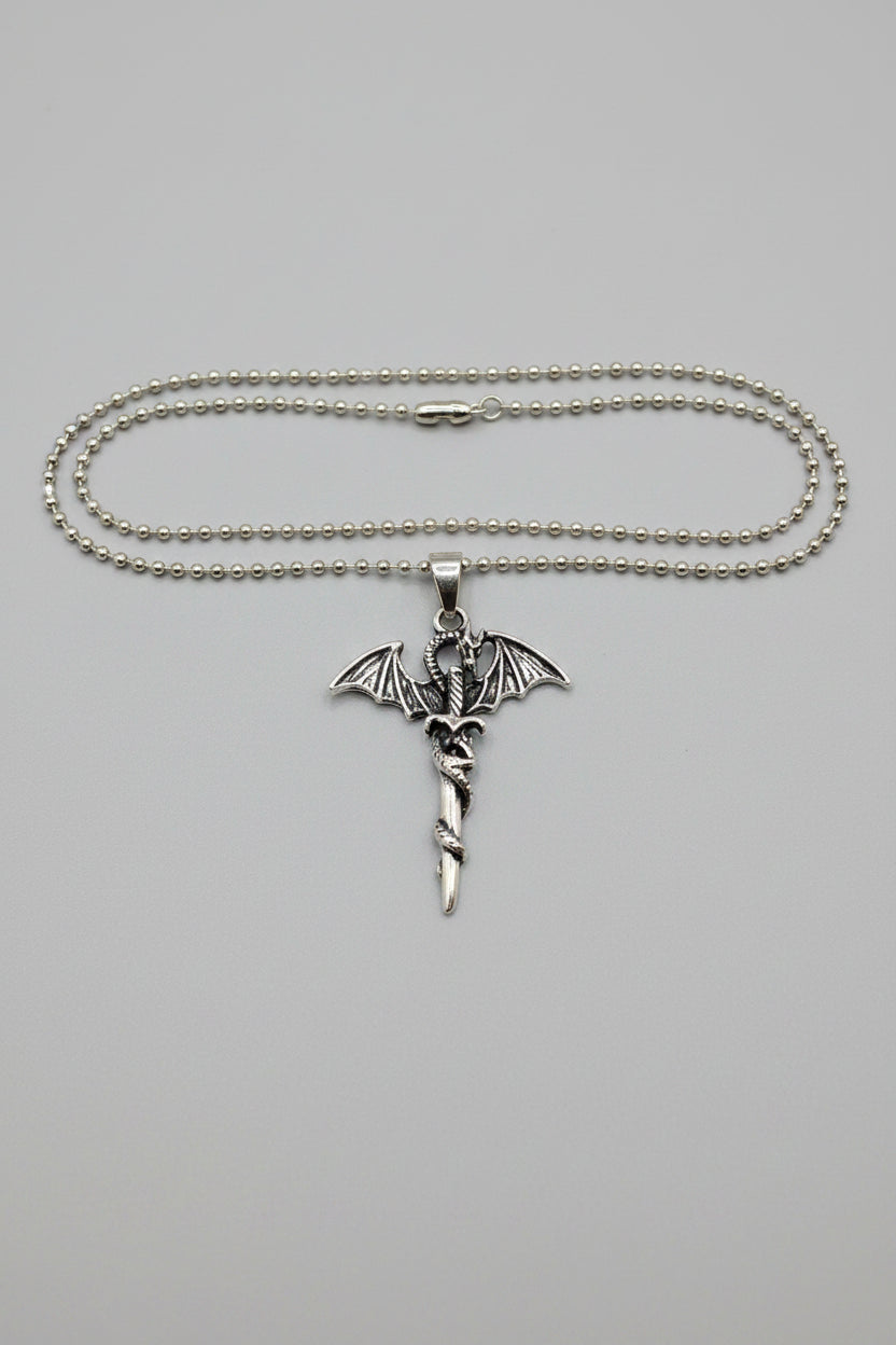 Necklace - Silver Tone - Dragon wrapped around Sword - on a Ball Chain