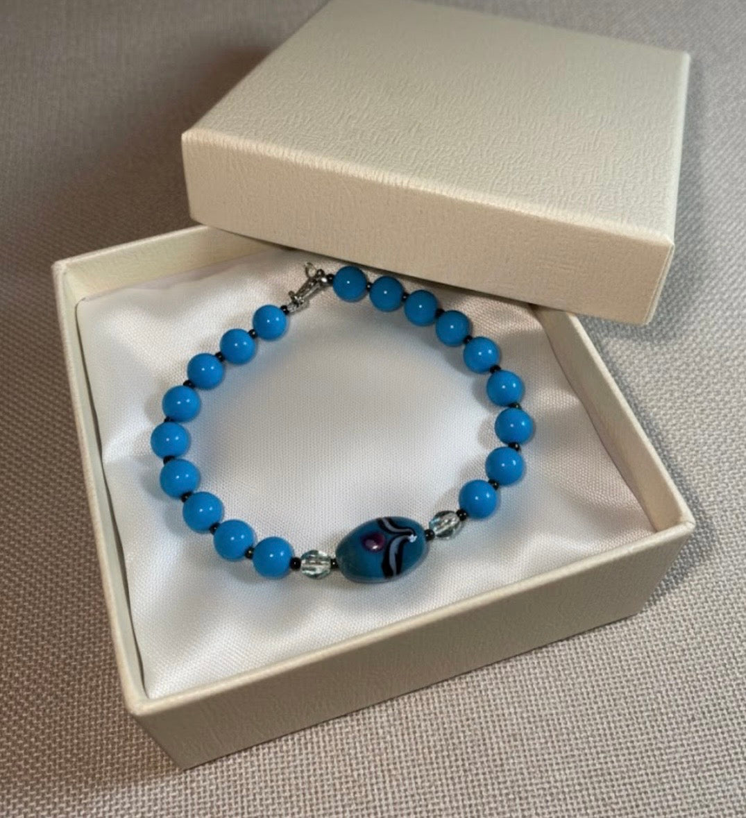 Handmade - Glass Blue Beaded Bracelet with Lobster Clasp