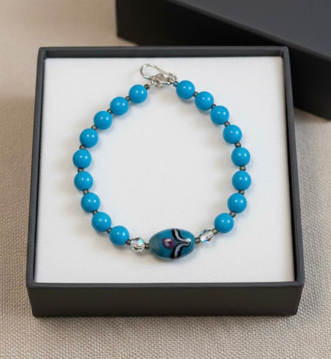 Handmade - Glass Blue Beaded Bracelet with Lobster Clasp