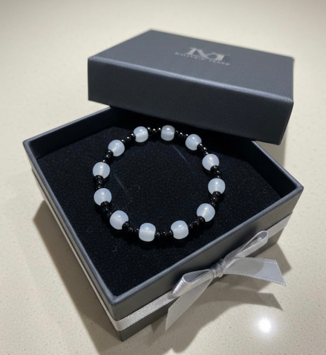 Handmade Stretch Beaded Bracelet with Selenite Beads and Black Spacer Beads