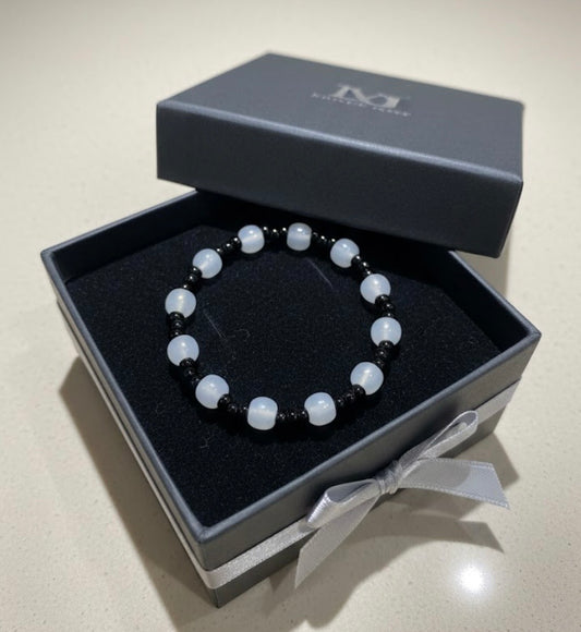 Handmade Stretch Beaded Bracelet with Selenite Beads and Black Spacer Beads