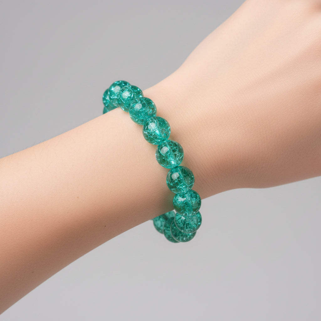 Bracelet - Stretch - Vibrant Aqua - Green - Crackle Glass