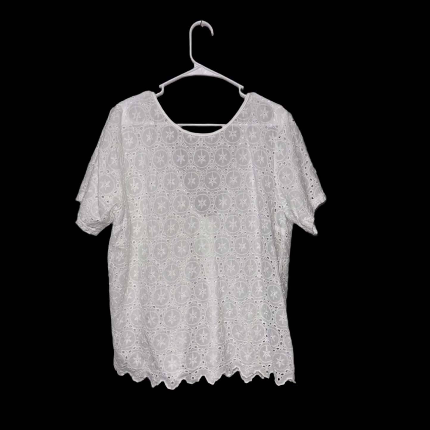 Ladies Top - White - Eyelet Design with Deep V Back and Scalloped Hem