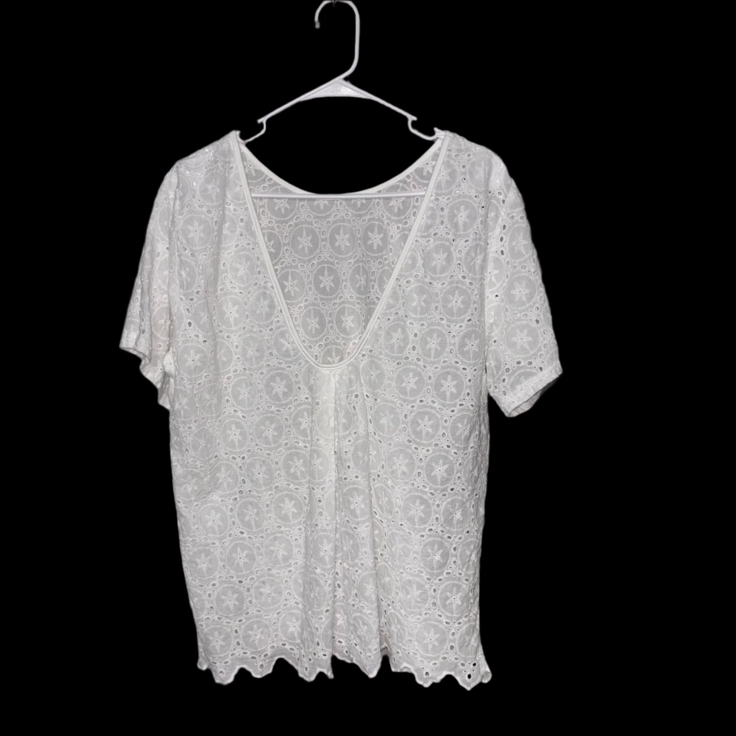 Ladies Top - White - Eyelet Design with Deep V Back and Scalloped Hem