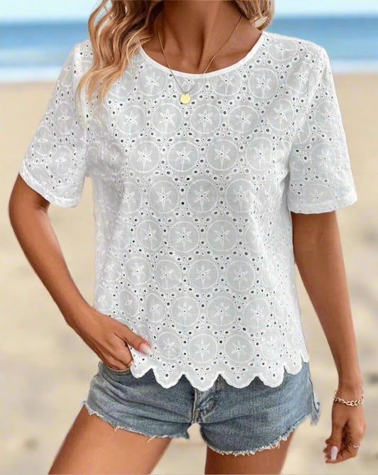 Ladies Top - White - Eyelet Design with Deep V Back and Scalloped Hem