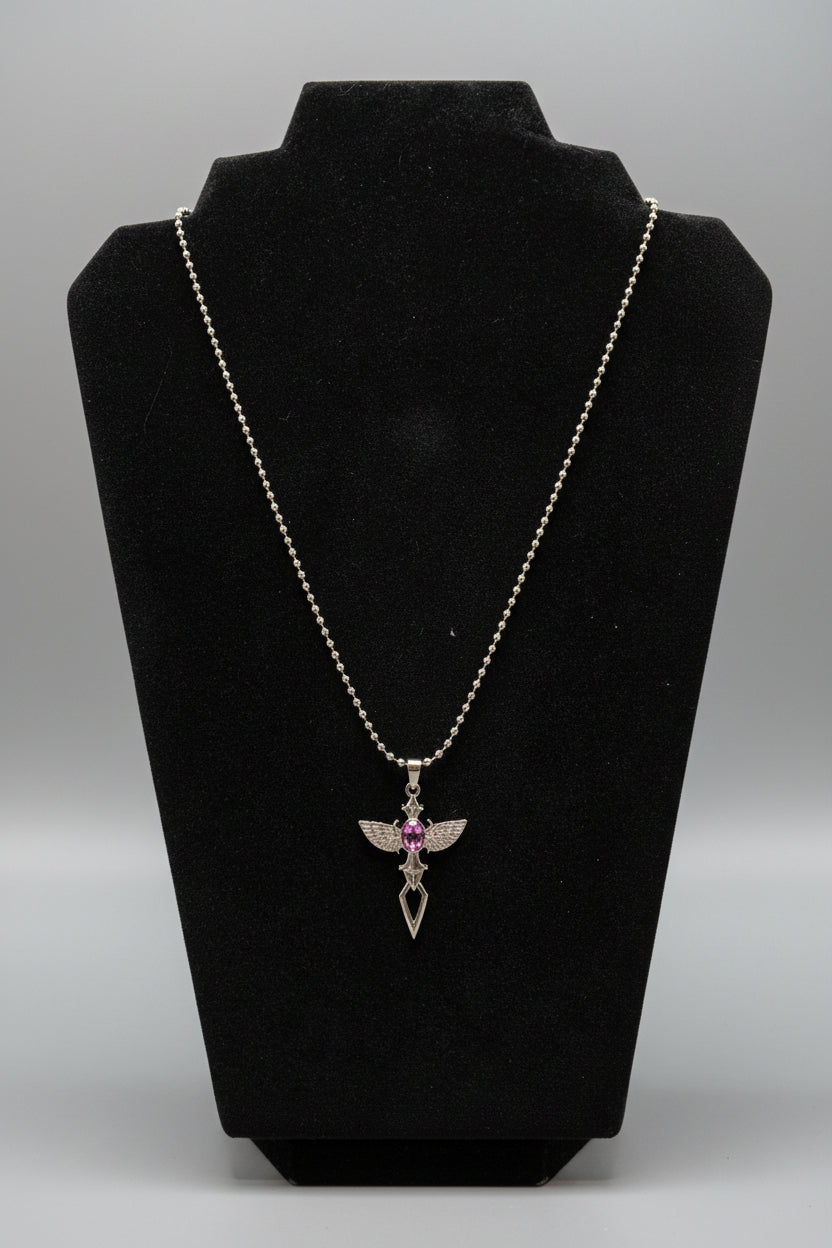 Necklace - Stainless Steel - Winged - Sword - with Gem Stone - Black - Red - or Purple