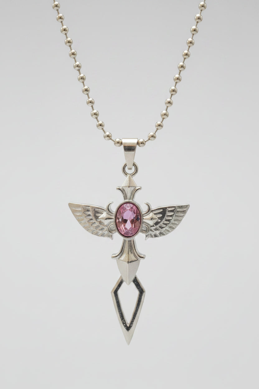 Necklace - Stainless Steel - Winged - Sword - with Gem Stone - Black - Red - or Purple