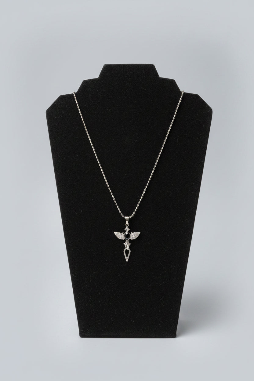 Necklace - Stainless Steel - Winged - Sword - with Gem Stone - Black - Red - or Purple