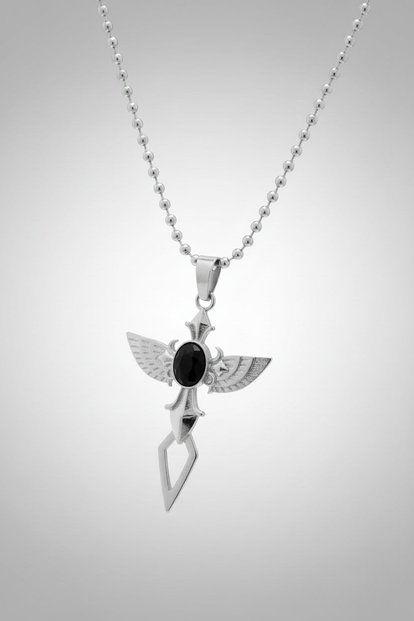 Necklace - Stainless Steel - Winged - Sword - with Gem Stone - Black - Red - or Purple