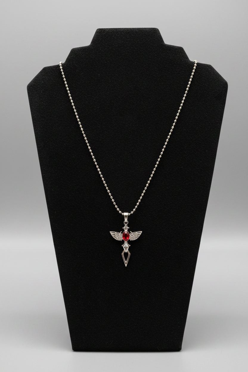 Necklace - Stainless Steel - Winged - Sword - with Gem Stone - Black - Red - or Purple