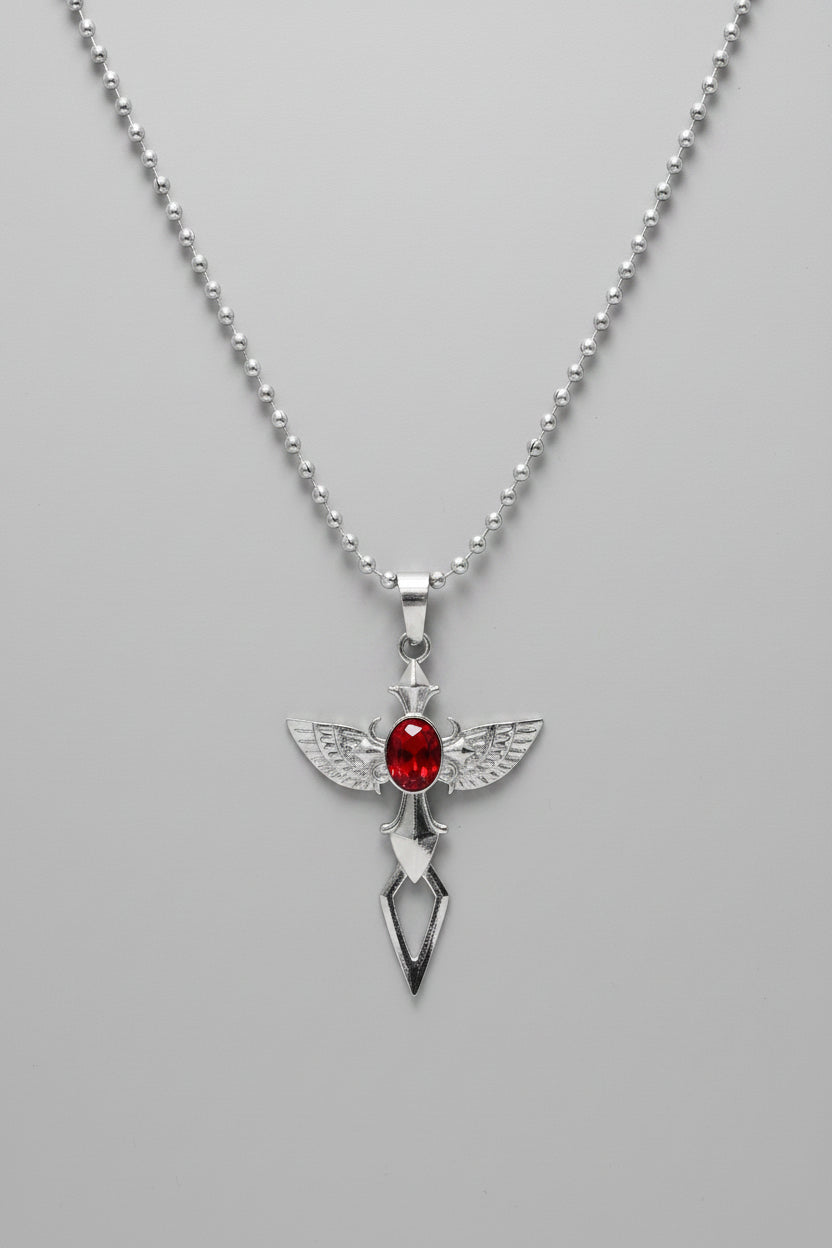 Necklace - Stainless Steel - Winged - Sword - with Gem Stone - Black - Red - or Purple