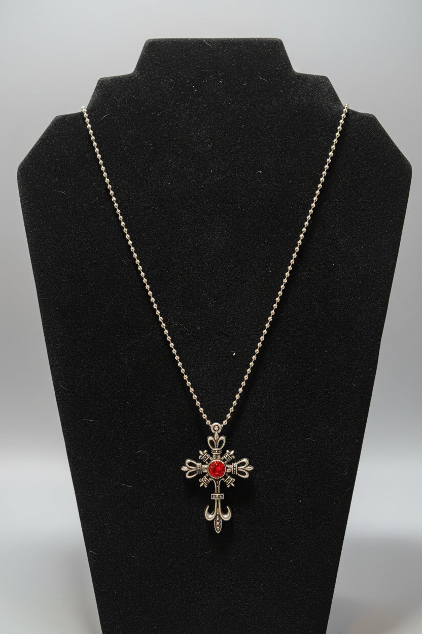 Necklace - Vintage Inspired - Filigree Silver Cross - with Red Gemstone
