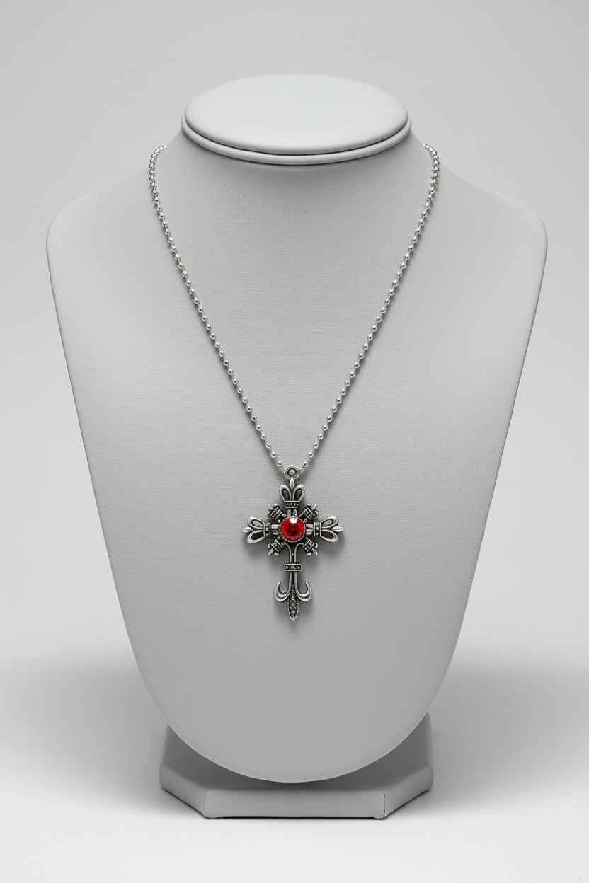 Necklace - Vintage Inspired - Filigree Silver Cross - with Red Gemstone