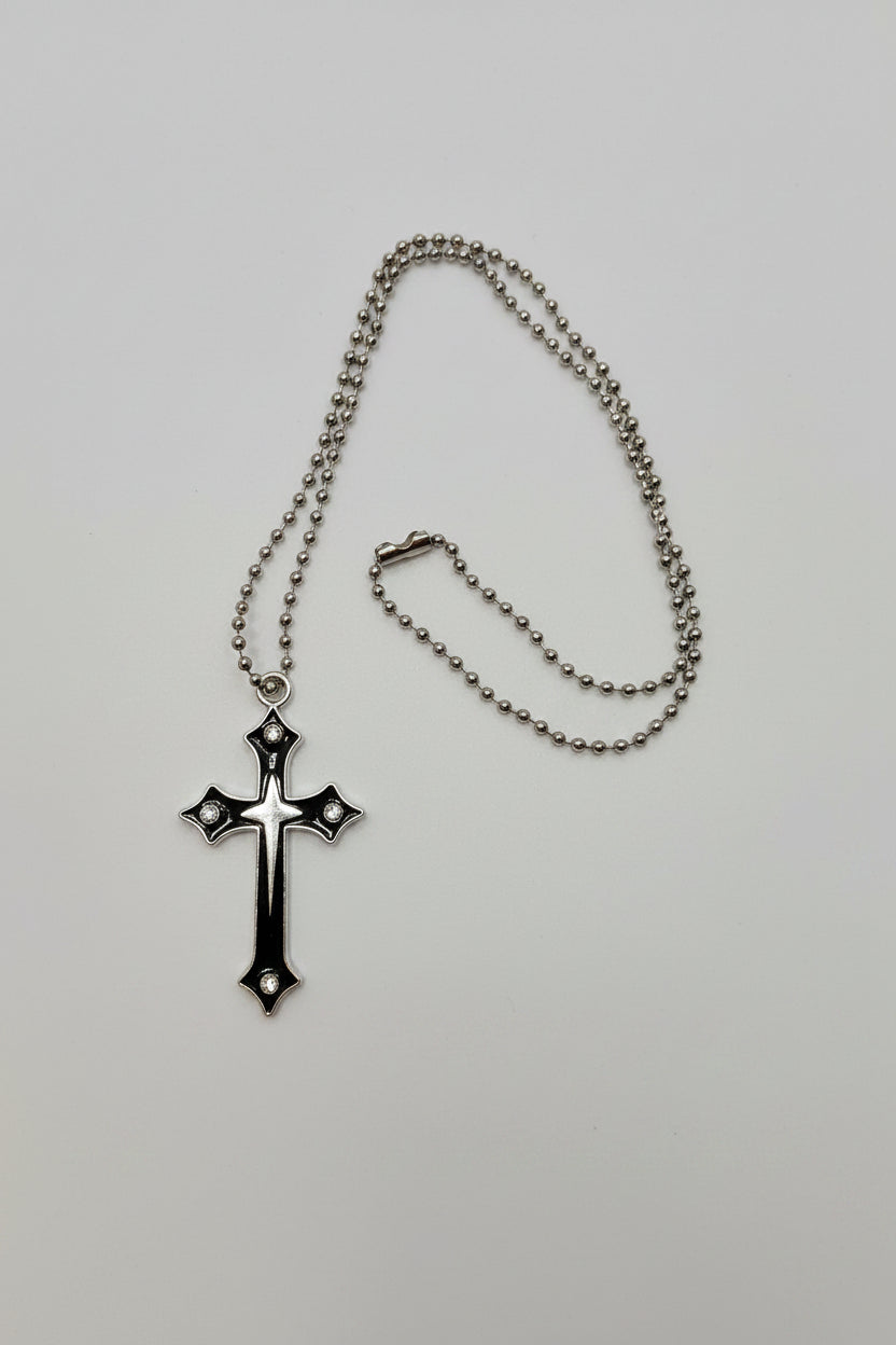 Necklace - Gothic - Polished Silver - Crucifix - Black Obsidian Enamel