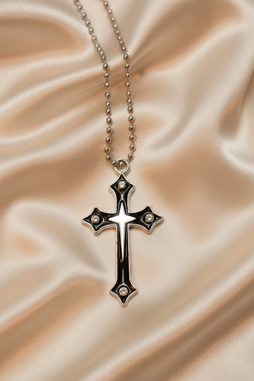 Necklace - Gothic - Polished Silver - Crucifix - Black Obsidian Enamel