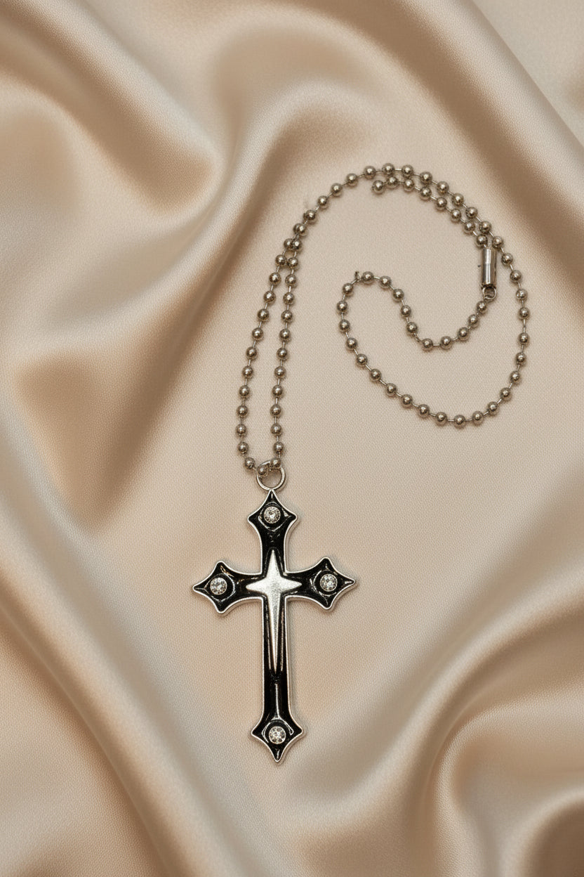 Necklace - Gothic - Polished Silver - Crucifix - Black Obsidian Enamel