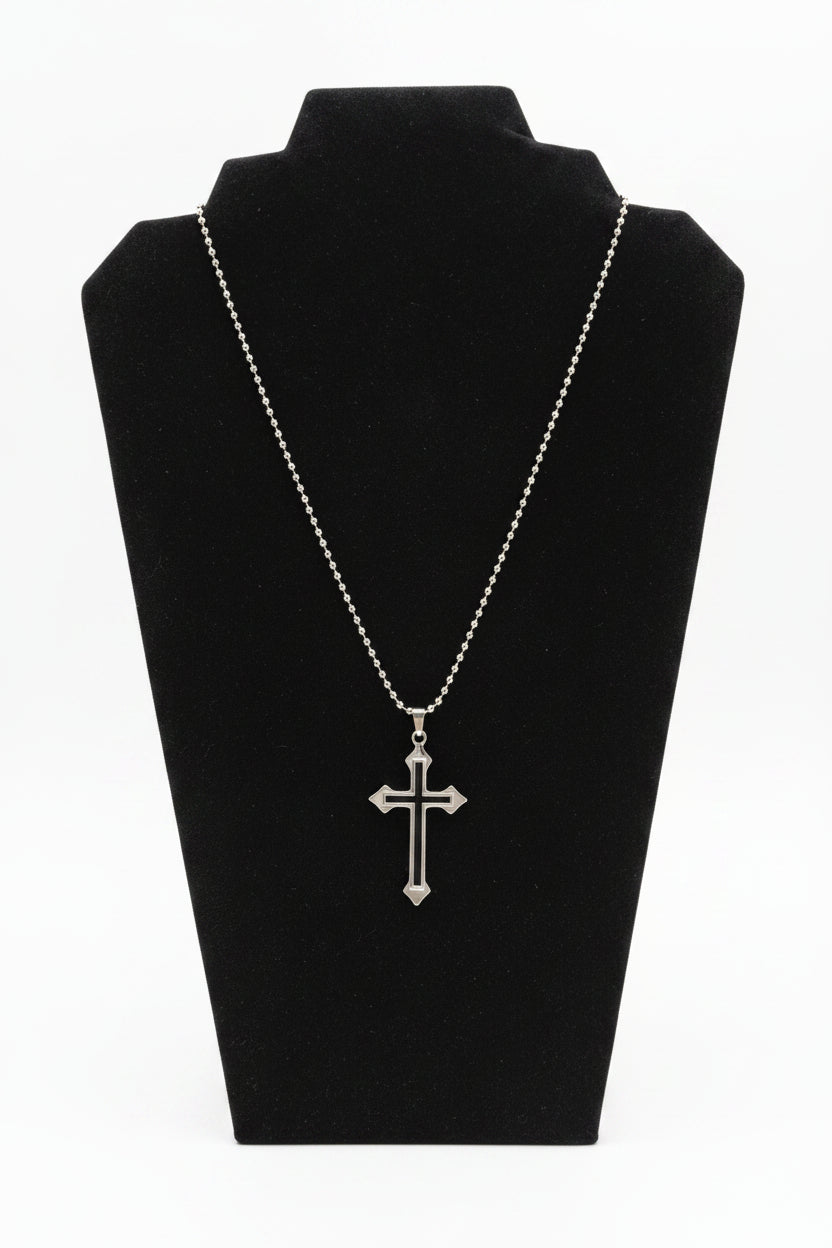 Necklace - Gothic - Flared Cross - Pendant - with Sleek Black Inlay & Ball Chain
