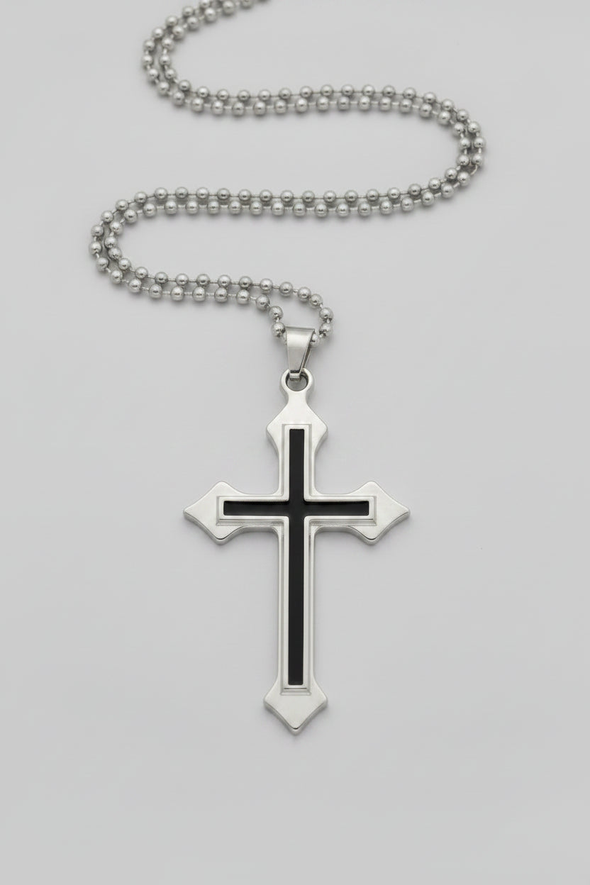 Necklace - Gothic - Flared Cross - Pendant - with Sleek Black Inlay & Ball Chain