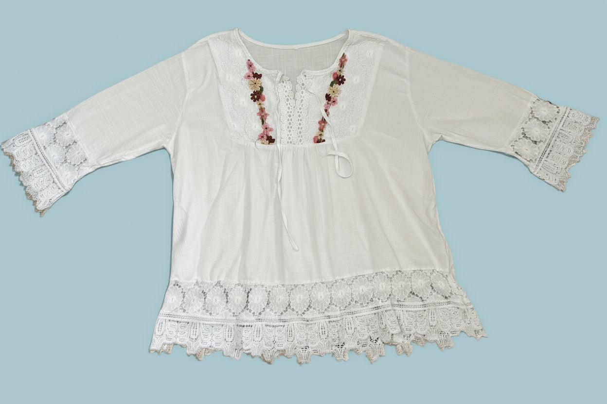 Blouse - White - Floral Lace V Neck