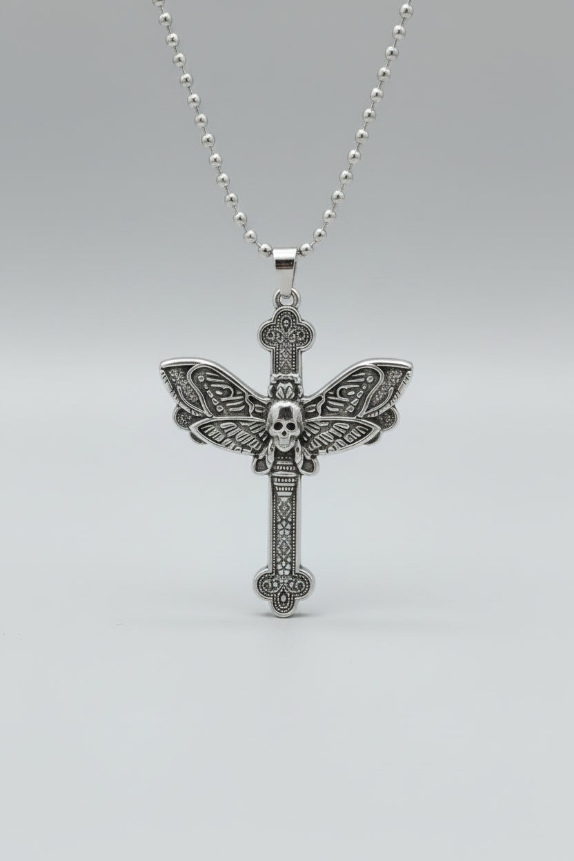 Necklace - Gothic - Pendant - Detailed Cross - with Moth and Skull Motifs